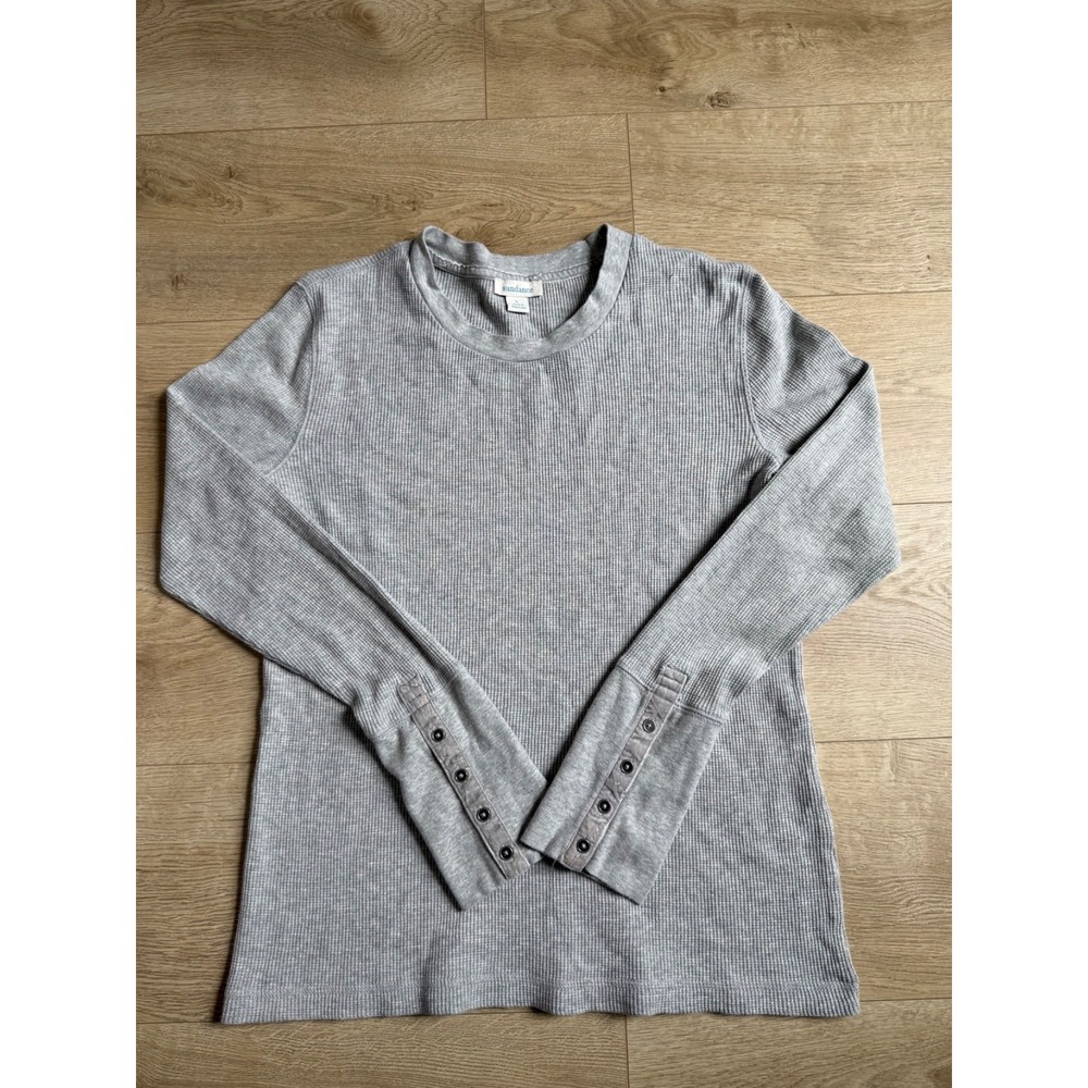 Sundance Gray Waffle Knit Thermal Top Long Sleeve Button Cuff Crew Neck Women L